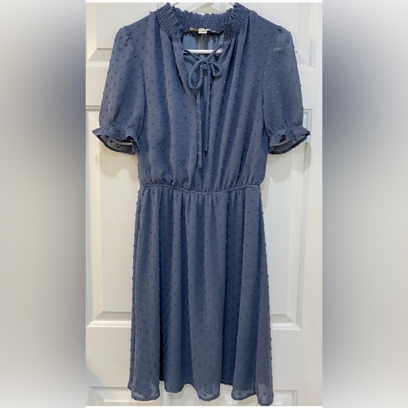 Women's Blue Swiss Dot Dress Knee Length Short Ruffle Sleeve Size M - Picture 1 of 7